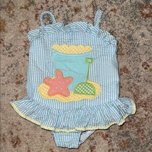 Blue & White Striped Toddler romper with Beach Applique